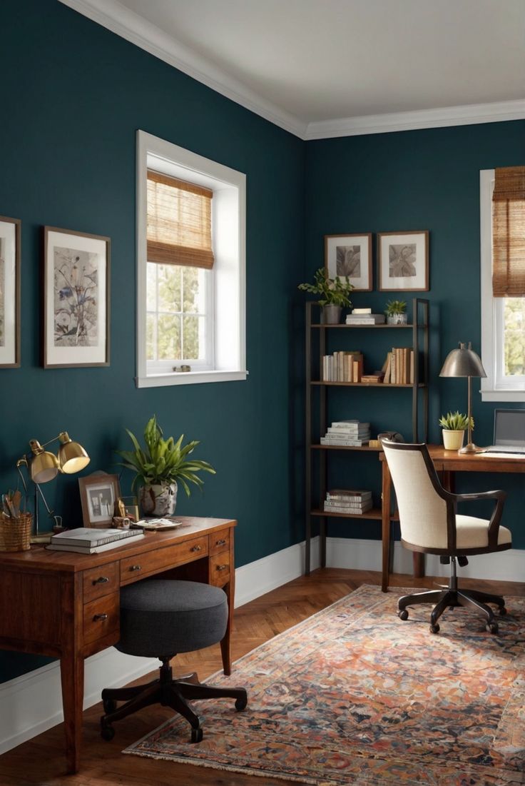 home office design, office decor, workspace decoration, office interior design Home Library Paint Colors, Green Room Colors, Paint Colors 2024, Office Wall Colors, Blue Home Offices, Best Wall Paint, Productive Home Office, Modern Paint Colors, Wall Paint Color