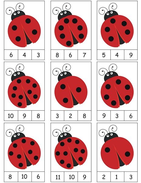 the ladybug counting game is shown in red and black, with numbers on each side