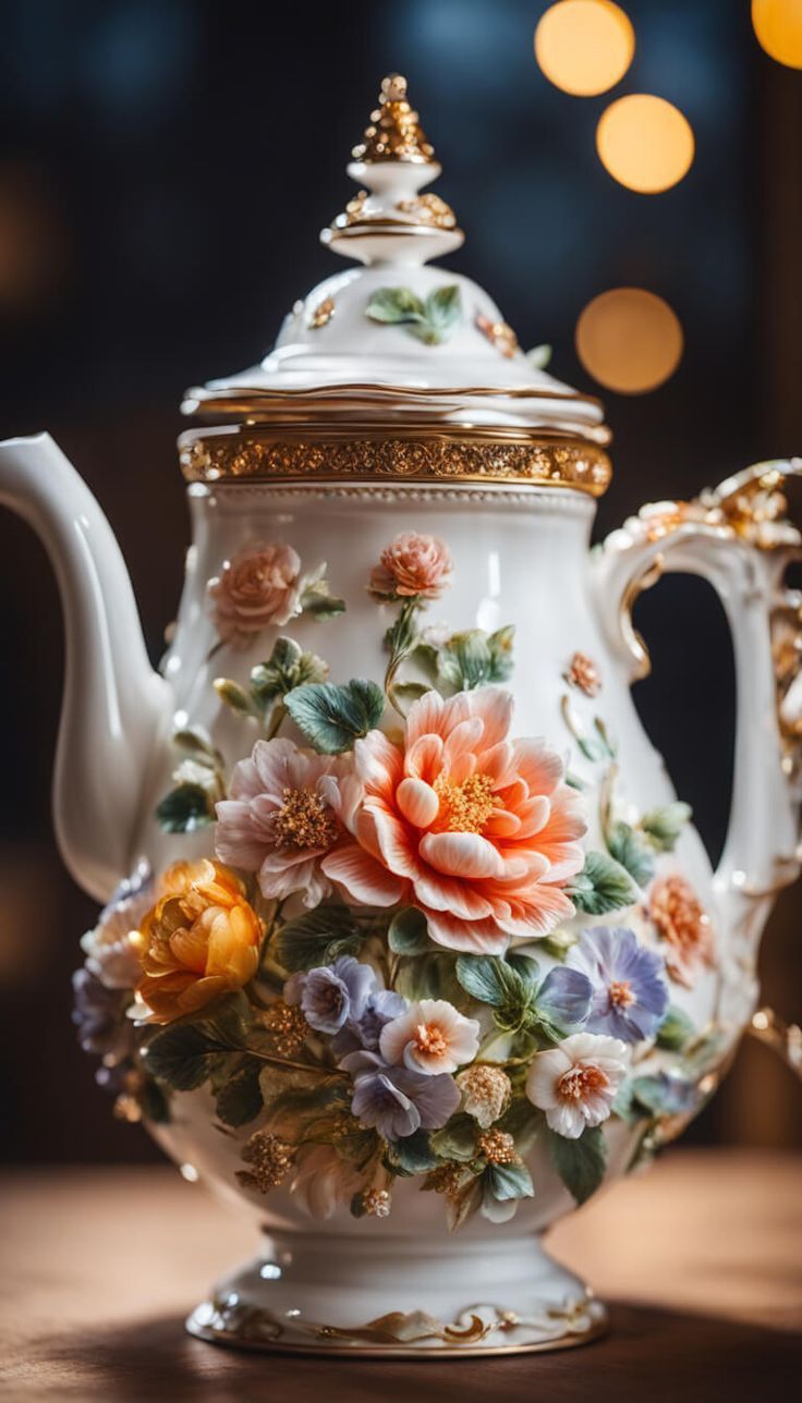 a teapot with flowers painted on it sitting on top of a wooden table next to lights