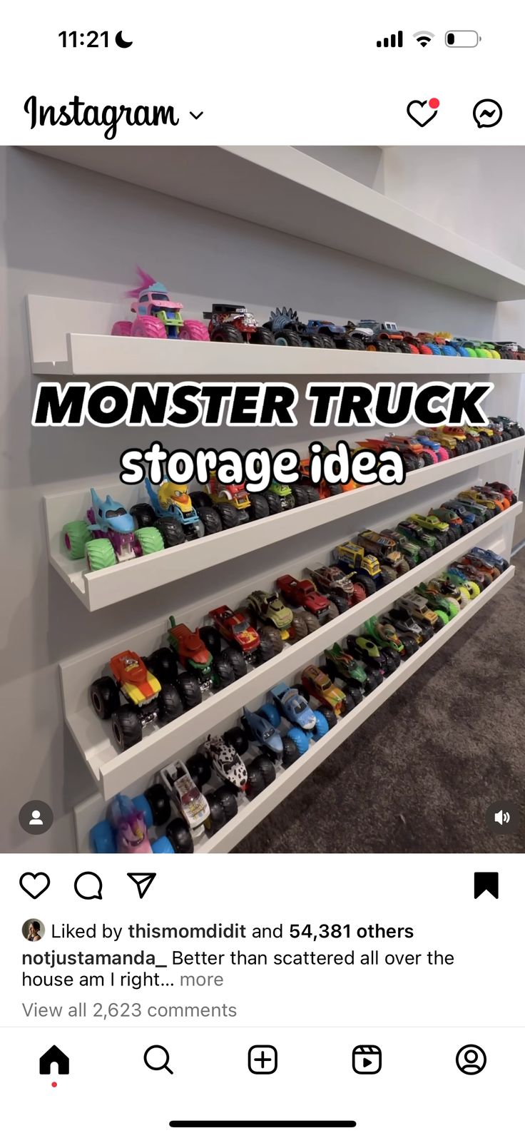 the instagram page for monster truck storage idea, which includes shelves filled with toys