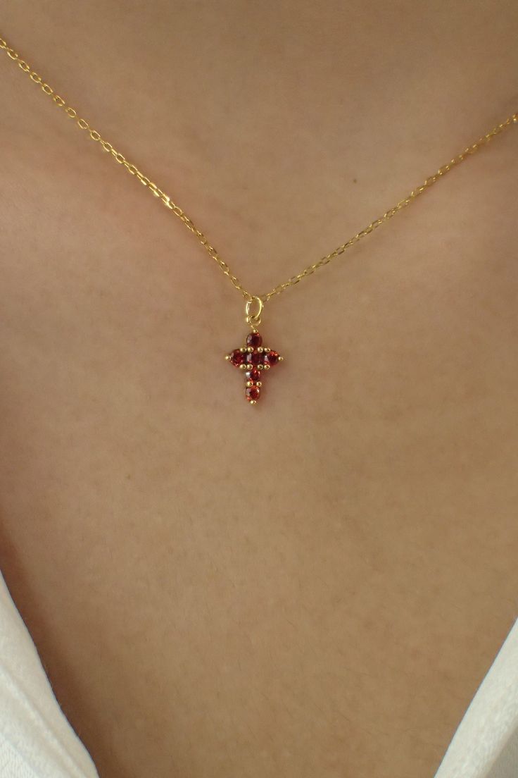 Garnet Necklace / Tiny Cross Pendant for Women / January Birthstone Necklace / Religious Necklace Gift / Black Friday Sale About Features- * Made to order * Materials: 925 Sterling Silver * Gold color: Yellow Gold Plating, White Gold Plating, and Rose Gold Plating * Gemstones: Simulated Garnet (CZ) * Layaway Plan Available * SKU: N271 For Ready-to-ship items search here, https://etsy.me/39BDvMS As a reference, I've included the widths of coins for your visual reference: Dime = 1.25mm Penny = 1.4 Gemstone Cross Pendant Jewelry Gift, Cross-shaped Birthstone Necklaces As Gifts, Cross Necklace With Birthstone For Gift, Cross-shaped Birthstone Necklace For Gift, Dainty Red Jewelry For Birthday Gift, Valentine's Day Cross Pendant Jewelry Gift, Valentine's Day Gift Cross Pendant Jewelry, Dainty Red Necklace For Birthday Gift, Red Pendant Necklaces For Birthday Gift