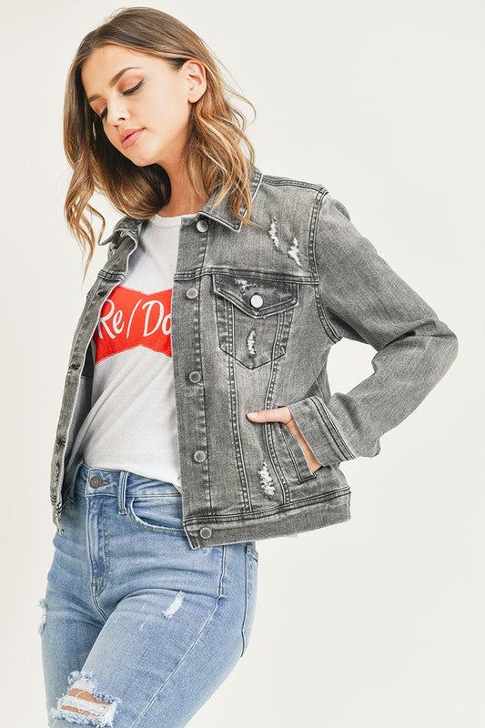 Vintage Grey Washed Jean Jacket True to size and stretchy! Risen's signature vintage wash denim jacket will easily become anyone's favorite! Length 22" | Chest 36.5" in size Small 64.3% Cotton, 22% Polyester, 11.9% Viscose, 1.8% Lycra Fitted Outerwear With Frayed Hem, Fitted Dark Wash Outerwear With Frayed Hem, Relaxed Fit Washed Black Denim Jacket For Spring, Washed Black Relaxed Fit Denim Jacket For Spring, Casual Washed Denim Jacket For Fall, Washed Black Denim Jacket For Fall, Washed Black Denim Outerwear For Fall, Fall Denim Outerwear In Washed Black, Spring Washed Black Denim Jacket