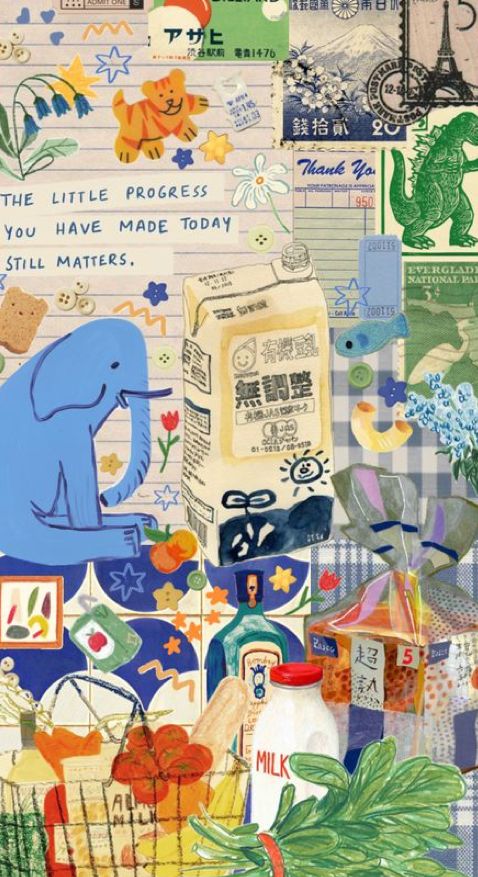 a collage of many different things including an elephant, flowers and other items with words written on them