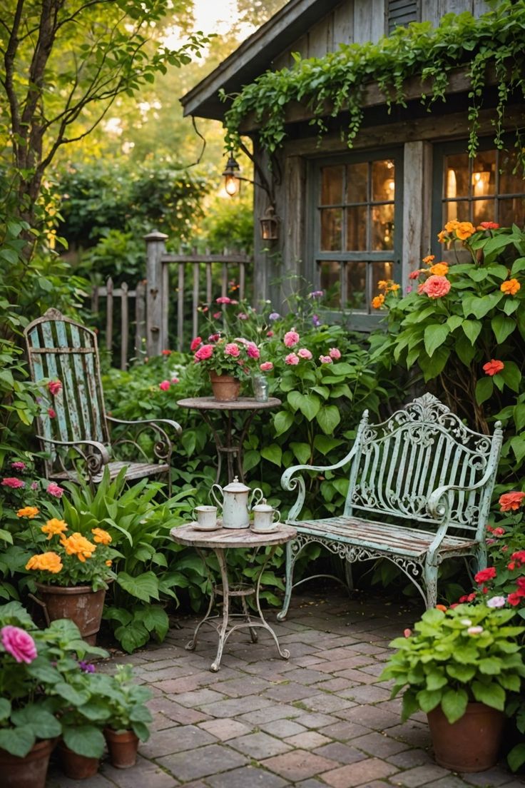 a garden with two chairs and a table in the center, surrounded by potted plants