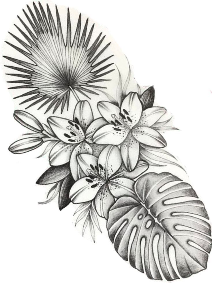 a black and white drawing of some flowers