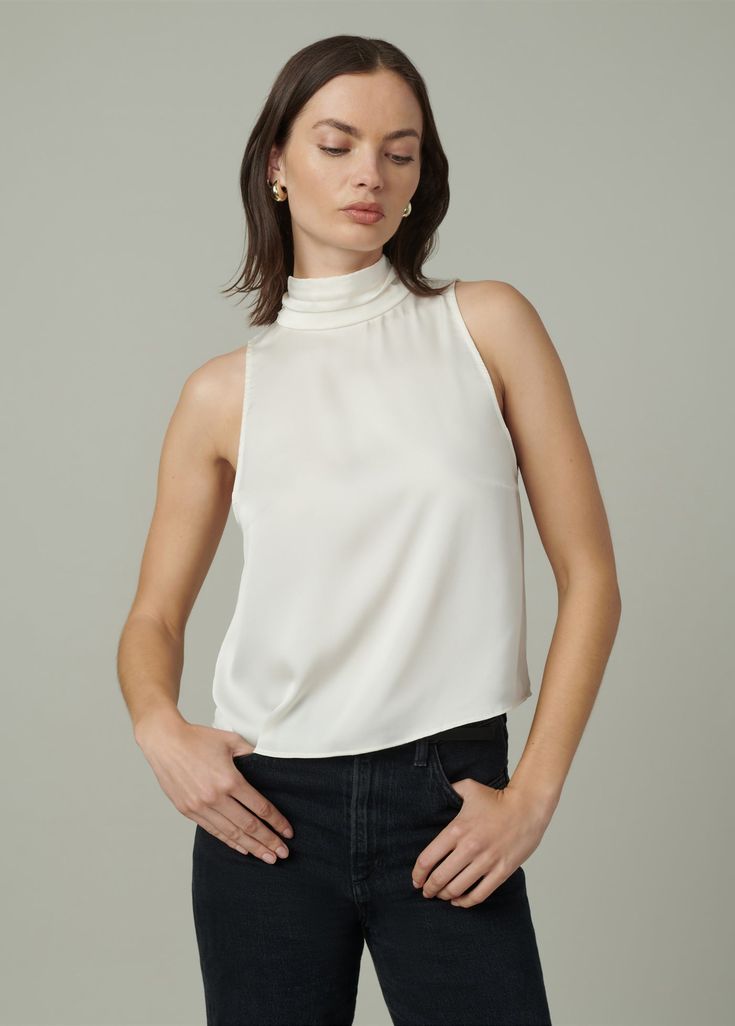 ECRU Elegant High Neck Silk Top, Chic High Neck Tank Top, Chic High Neck Tank Top For Night Out, Elegant High Neck Tank Top For Spring, Chic High Neck Silk Top, Chic Silk High Neck Top, Fitted Silk High Neck Top, Elegant Stretch Halter Top With High Neck, Elegant Stretch High Neck Halter Top