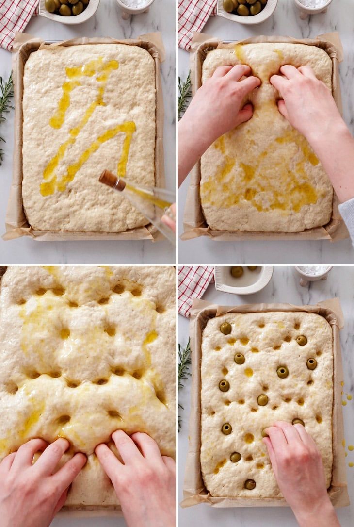 the process of making bread with olives and cheese