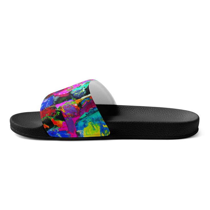 Multicolor Abstract Expression Pattern Women's slides. A must-have for the summer: these women’s slides. A pair of these will keep you comfy throughout your day of beach or pool activities, thanks to the cushioned upper strap and the textured footbed. • Cushioned and durable faux leather upper strap • Lightweight polyurethane (PU) outsole • Contoured, textured footbed • Stitched around the upper perimeter for extra durability • Spot clean only • Printed, cut, and handmade • Blank product sourced Summery Outfits, Open Toed Shoes, Mens Slide Sandals, Pool Activities, Mens Slides, Beach Trips, Pool Days, Womens Slides, Abstract Expressionism