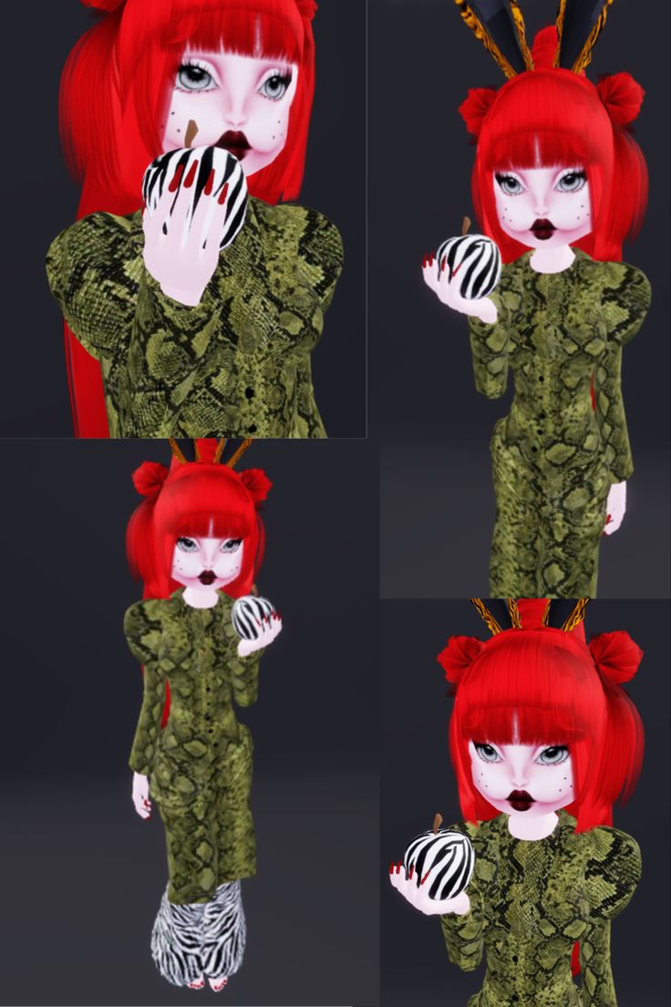 four different images of a woman with red hair and green dress holding a zebra ball