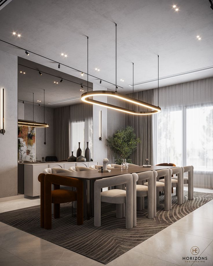 a large dining room table surrounded by white chairs and wooden tables with round lights hanging from the ceiling