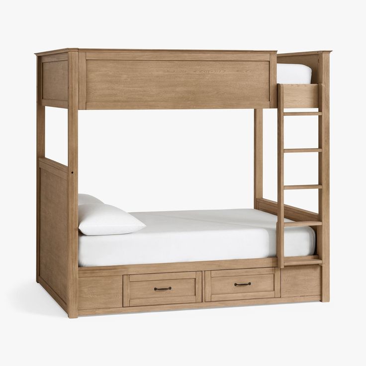 a wooden bunk bed with two drawers and a ladder on the bottom level that is open