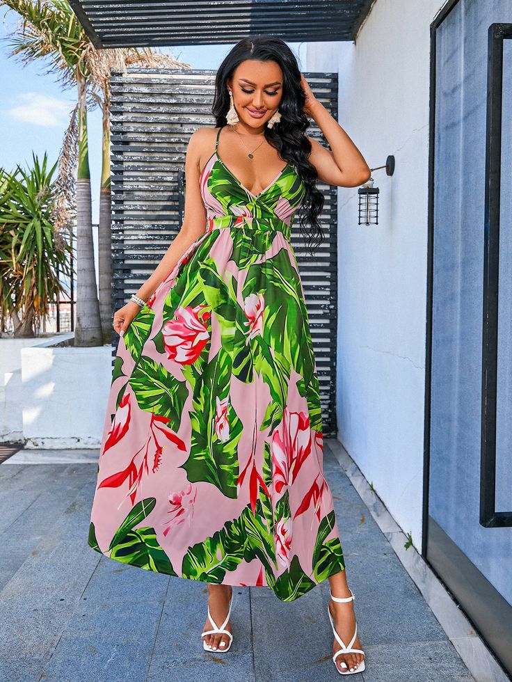 Tropical Print Shirred Crisscross Back Cami Dress Tropical Print Dress Summer, Hawaii Themed Party Outfit, Luau Party Dress, Luau Dress, Cocktail Party Fashion, Hawaiian Print Dress, Party Dress Codes, Floral Dress Outfits, Destination Dress