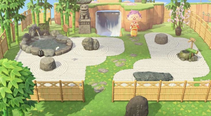 an animal crossing game in the middle of a lush green field with rocks and trees