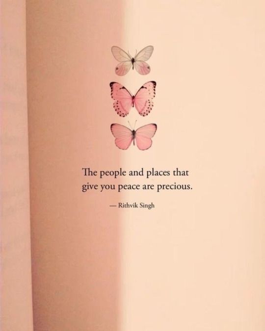 a pink wall with two butterflies on it and a quote about the people and places that give you peace are precious