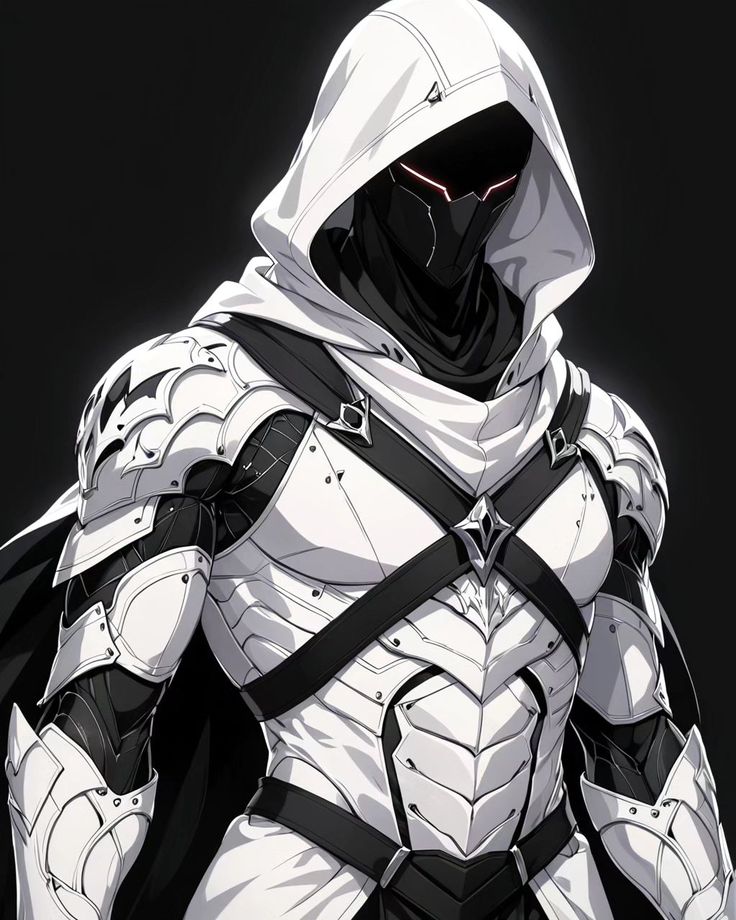 a man dressed in white and black with a hood on, holding his hands behind his back