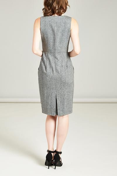 Sophisticated tailored sheath dress in lightweight grey fabric with lace flocking. 100% polyester. Dry clean.  Made in the USA. Regular sizes measure approx. 40" long.  Fashion, Holiday fashion, Women's fashion, Casual Fashion, Unique Fashion,  Summer Fashion, casual fashion; Summer style; trends 2020; dress; Fashion of the day; #fashion #fashionTrends #summerfashion #summerstyle #fashioninspiration #womensfashion #casualfashion #fashionstyle  #casualoutfits #evafranco #dress #summerfashion Elegant Fitted Tweed Dress For Work, Elegant Knee-length Tweed Dress For Work, Formal Knee-length Fitted Tweed Dress, Fitted Tweed Dress For Business, Fitted Sleeveless Tweed Dress For Formal Occasions, Elegant Sleeveless Fitted Tweed Dress, Elegant Sleeveless Tweed Dress For Work, Formal Fitted Midi-length Tweed Dress, Elegant Tweed Dress For Office Wear