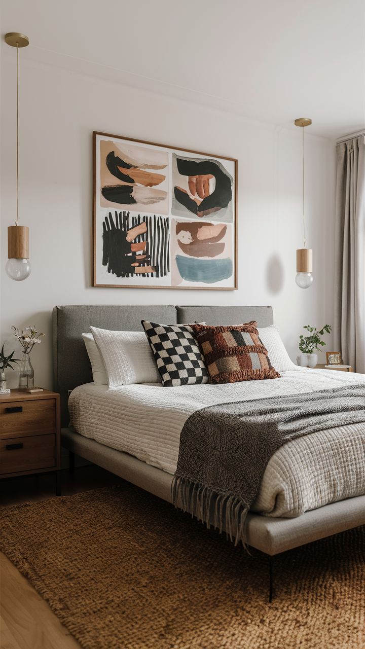 a bedroom with a large bed and paintings on the wall