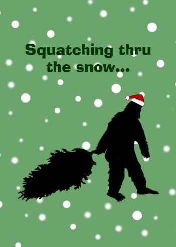 a christmas card with a silhouette of a man holding a broom and saying squatting thru the snow