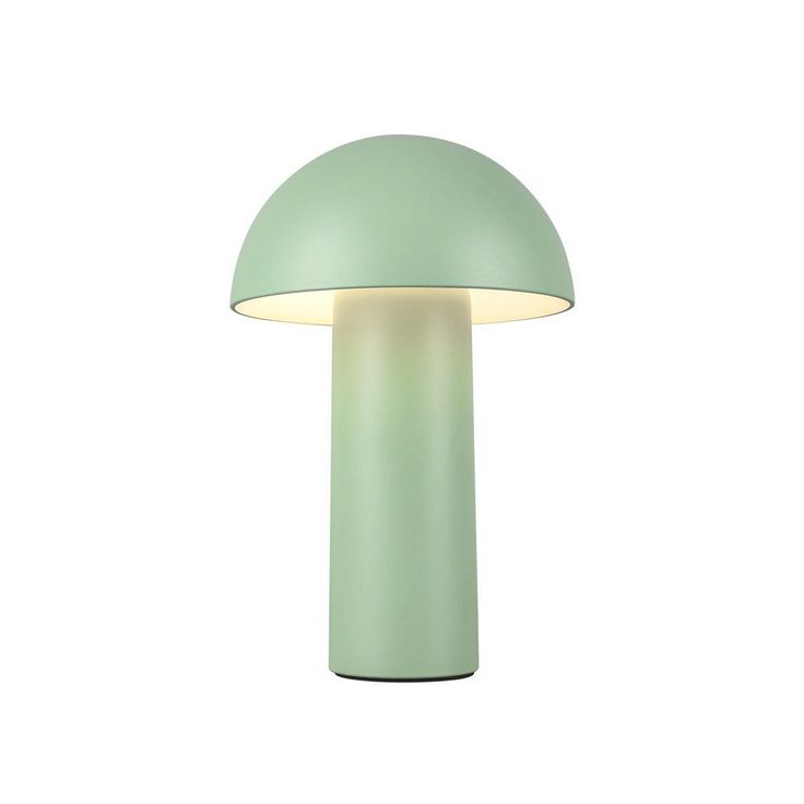 a green table lamp sitting on top of a white wall