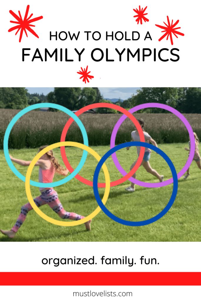 kids playing with their family olympic rings in the grass and text overlay reads how to hold a family olympics organized, family fun