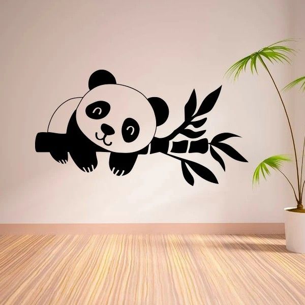 Panda Sticker Cute Panda On A Bamboo Branch Wall Sticker Vinyl Decal Mural Art Decor Panda On Wall, Panda Drawing On Wall, Panda Wall Stickers, Small Wall Drawing Ideas, Panda Wall Drawing, Panda Wall Painting Ideas, Mural Drawing Ideas Easy, Cartoon Painting On Wall, Panda Wall Decor