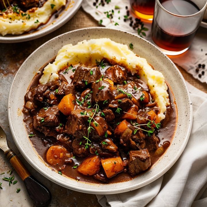 a bowl of stew with mashed potatoes and gravy on a table next to two glasses of beer