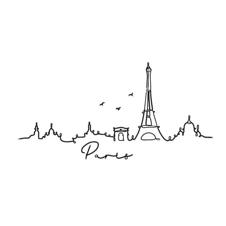 a drawing of the eiffel tower in paris, france with birds flying over it