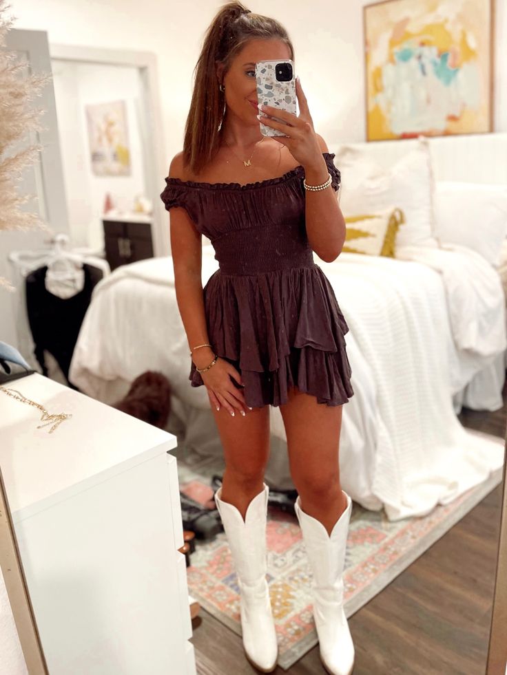 Black Dress For Country Concert, Western School Dance Outfit, Barn Dance Dresses, Western Dance Outfit Dresses, Country Style Dresses For Women, Country Concert Romper Outfit, Hoco Dresses With Boots, Country Romper Outfits, Cowgirl Homecoming Outfit