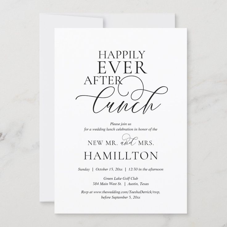 the happily ever after brunch wedding card is shown in black ink on white paper