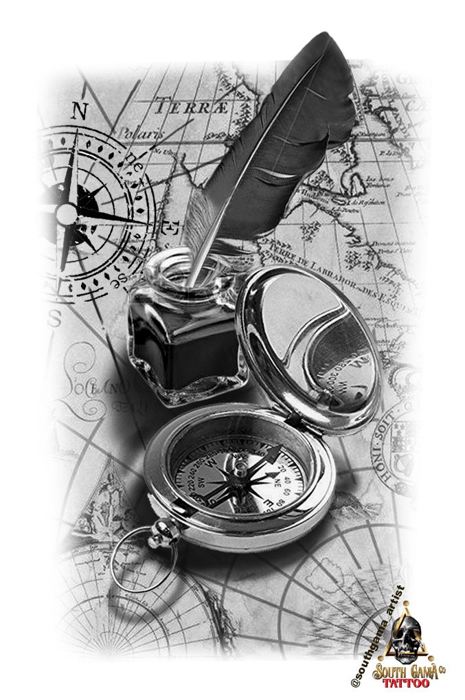 a compass and a pocket watch on top of a map with a feather quill