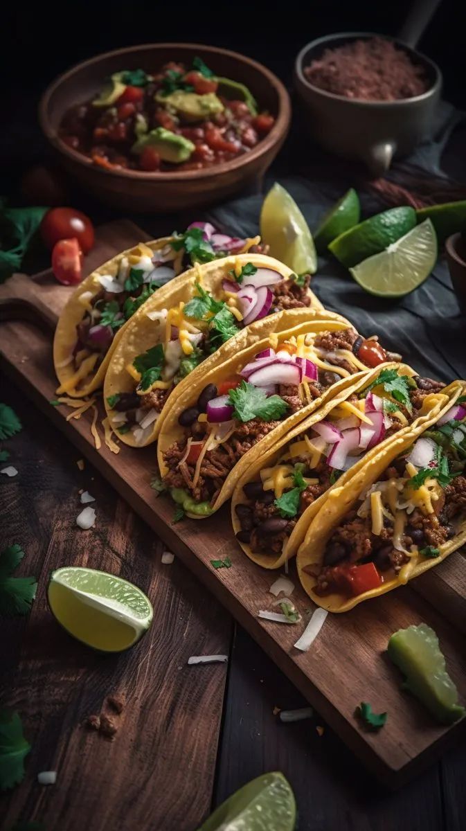 three tacos on a cutting board with limes and salsa