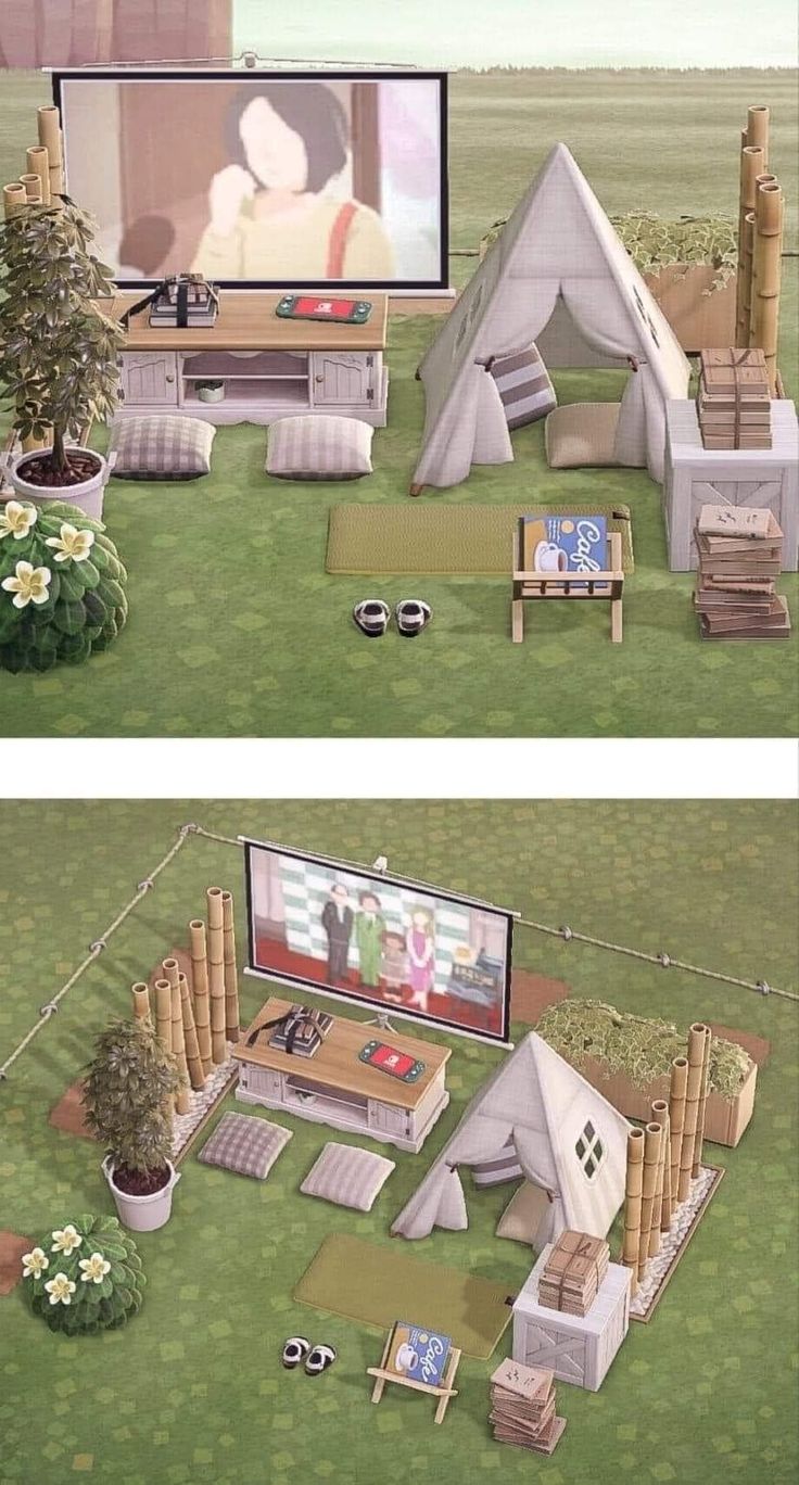 two views of an outdoor living area with furniture and tv in the middle, while another shows a woman sitting on a couch