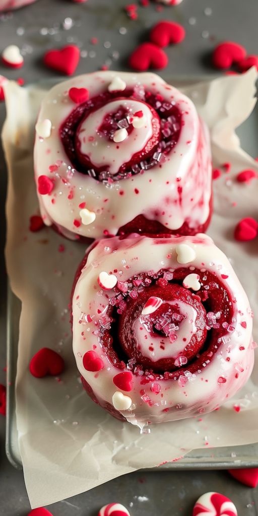 two red and white desserts are sitting on wax paper with hearts scattered around them