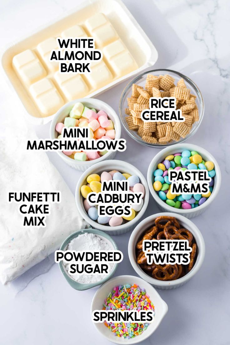 the ingredients for an ice cream dessert are shown in small bowls and on top of each other