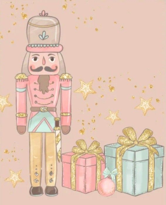 a nutcracker is standing next to presents on a pink background with gold stars