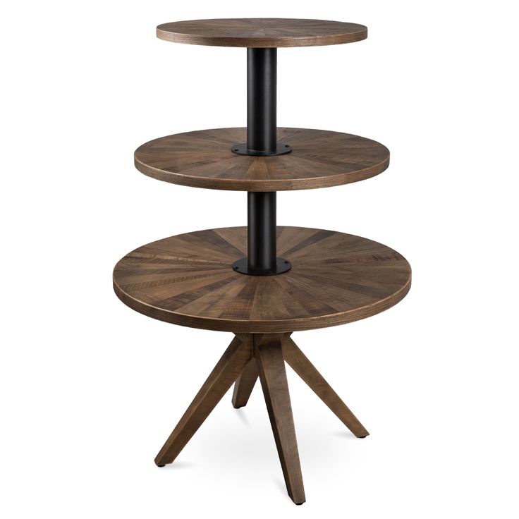 three tiered wooden table with black metal legs and two circular shelves on each side