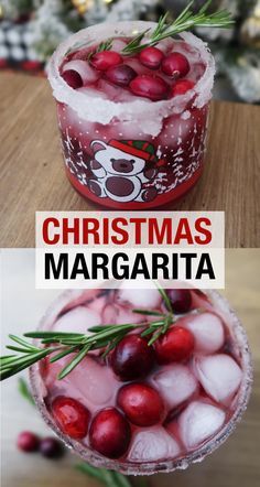 a christmas margarita with cranberries and rosemary garnish in it, sitting on a table