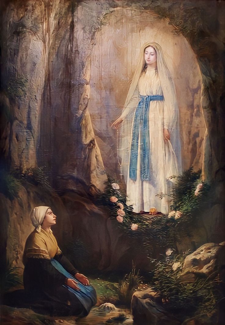 a painting of a woman standing in front of a cave