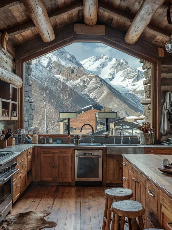 a kitchen with wooden floors and mountain view