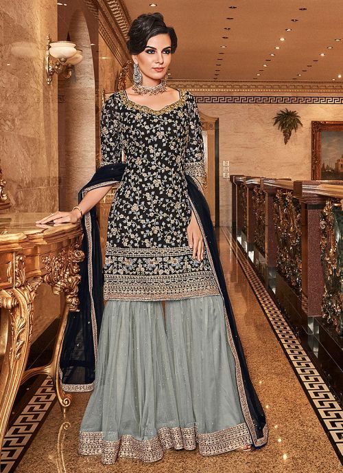 Black and Grey Embroidered Gharara Suit Orang India, Gharara Suits, Sharara Designs, Gaun Fashion, Sharara Suit, Salwar Kamiz, Desi Clothes, Indian Dress, Indian Suits