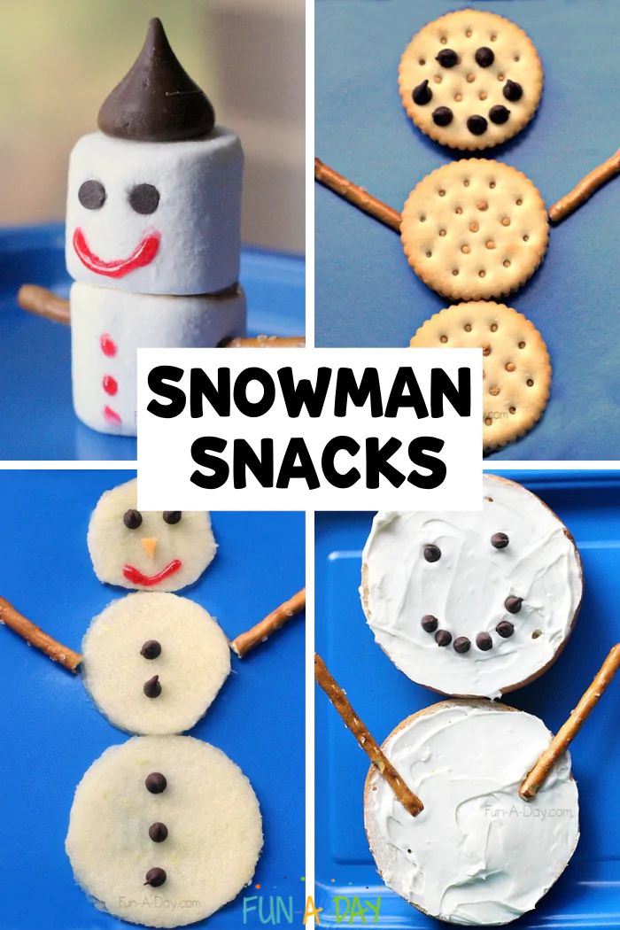 snowman snacks made with marshmallows, pretzels and crackers