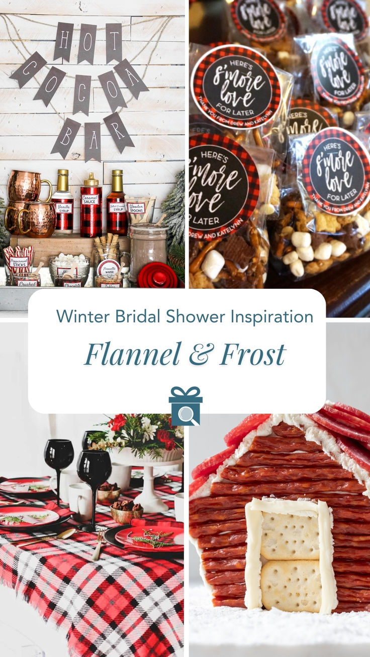 the winter bridal shower is decorated with red, white and black decorations including a gingerbread house