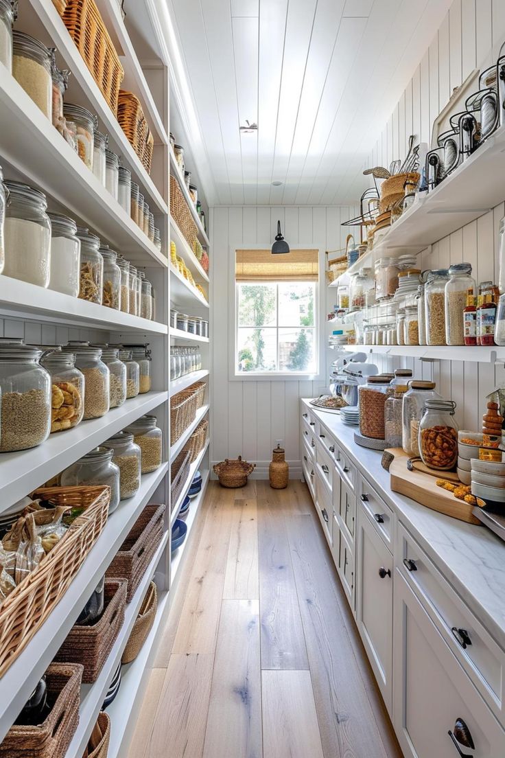 a kitchen filled with lots of white shelves and baskets on top of it's sides