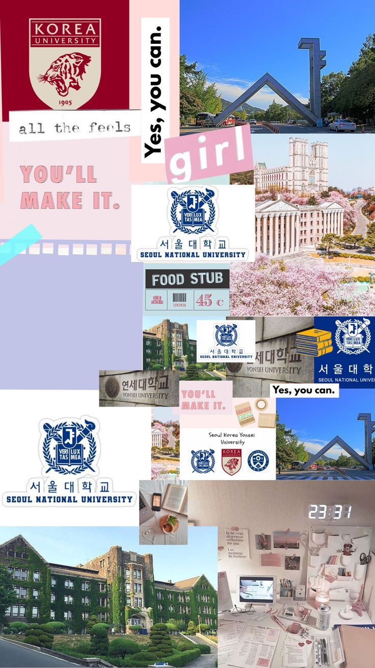 the collage shows many different buildings and logos