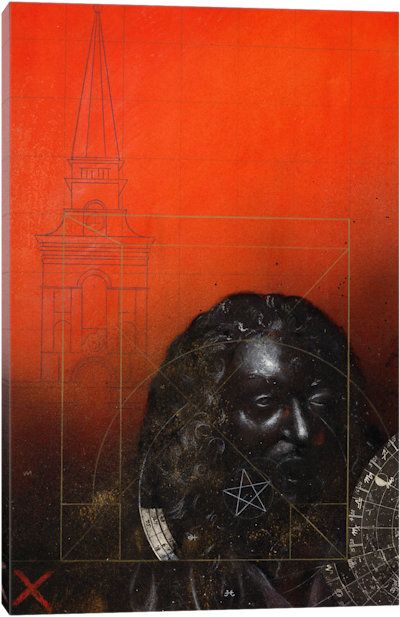 a painting with an orange background and a black statue in front of a clock tower