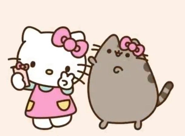 hello kitty and cat are standing next to each other