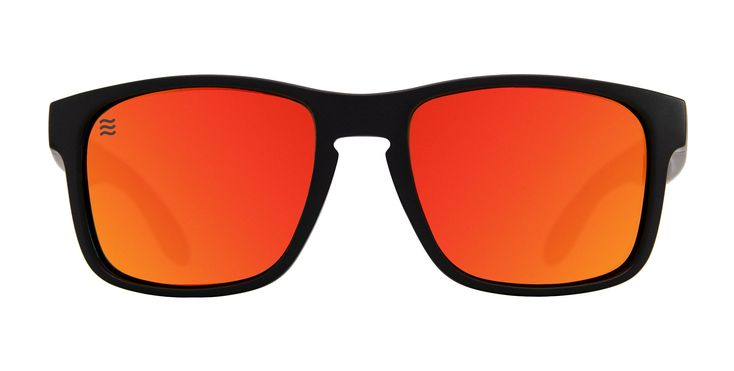 a pair of black sunglasses with orange mirrored lenses on the top and bottom half of it