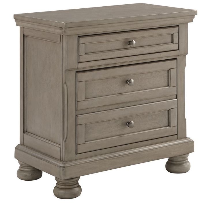 a gray nightstand with three drawers on it