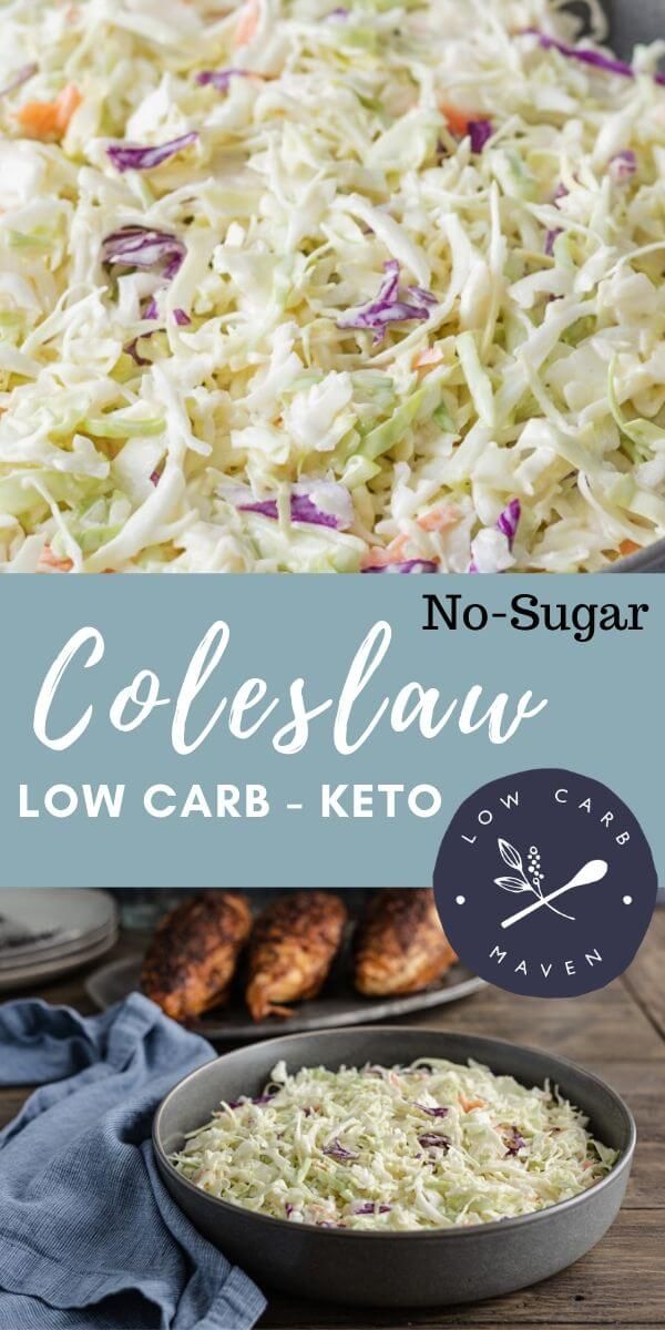 coleslaw salad in a bowl with the title overlay that says coleslaw low carb - keto