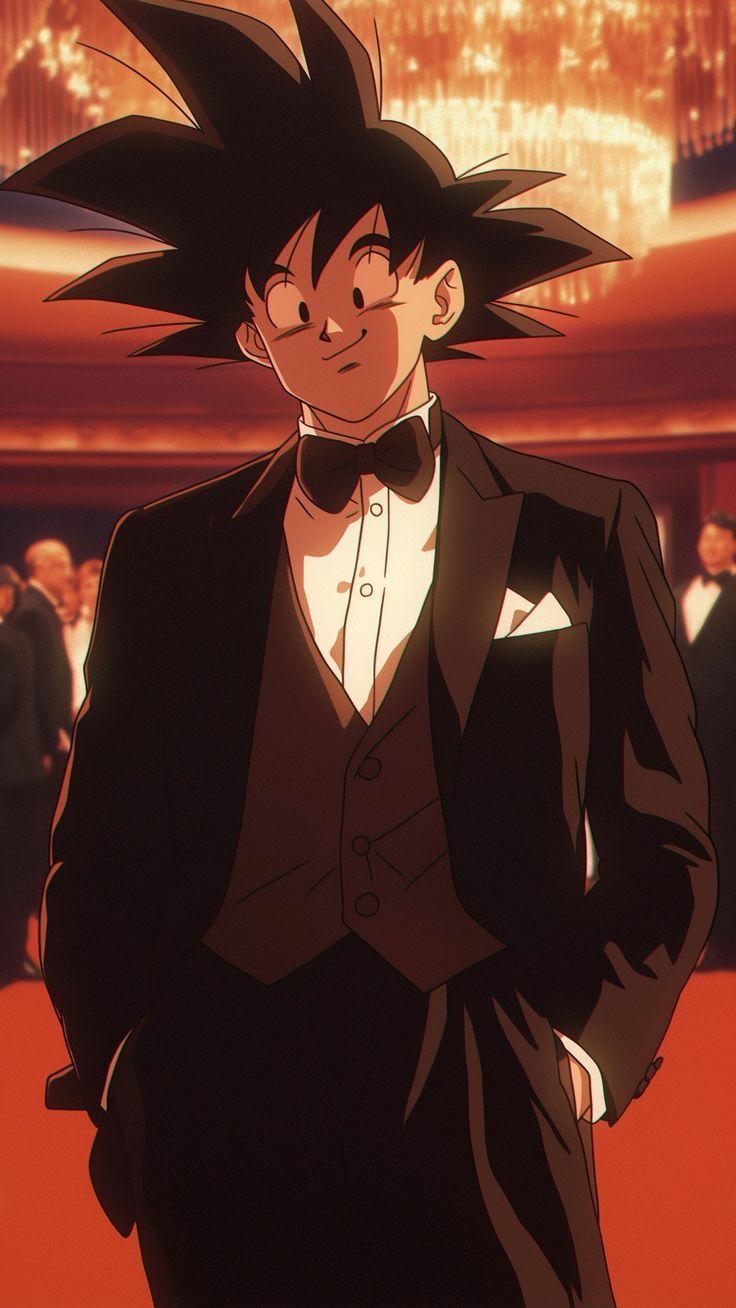 an anime character in a tuxedo and bow tie looking at the camera with his hands on his hips